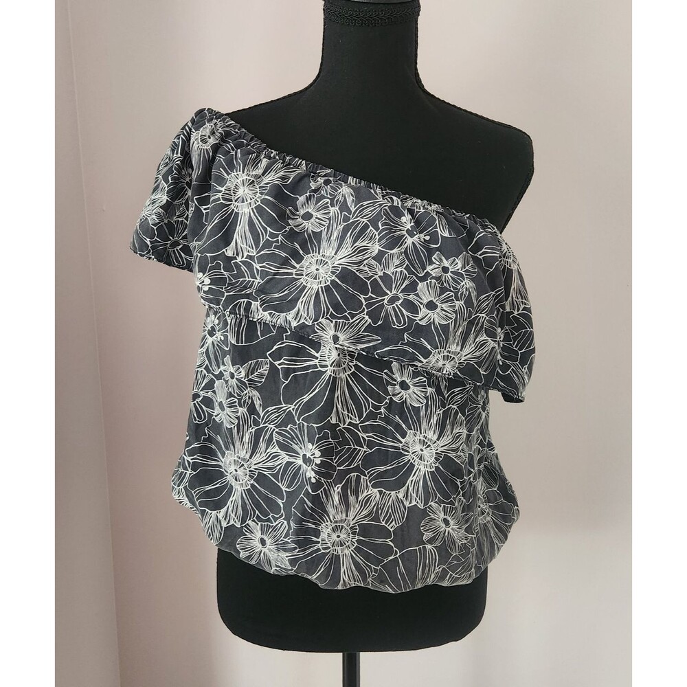 Unsubscribed 100% Silk Off The Shoulder Ruffle Blouse Gray White Floral M NWT
